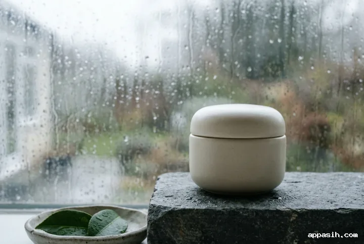 Closer three-quarter view of a blank ivory ceramic skincare jar on a charcoal stone pedestal beside a rain-covered misted window.