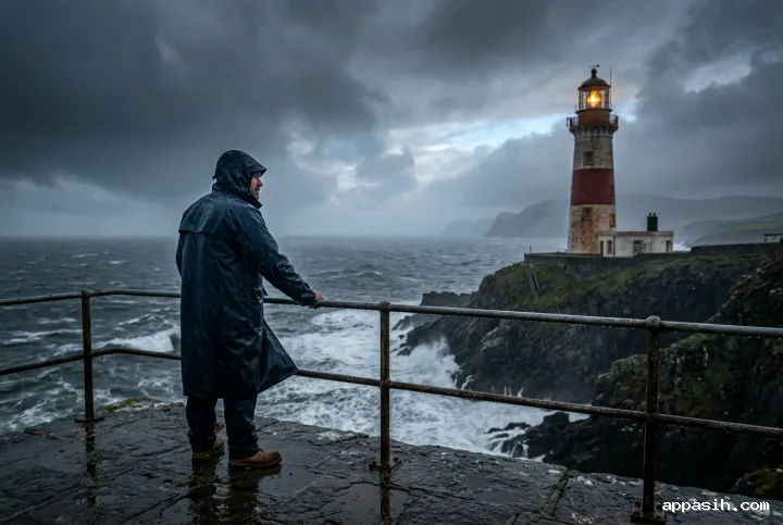 Lighthouse keeper beside a rain-soaked railing facing the glowing cliffside beacon during a storm.