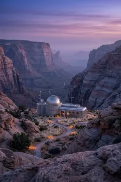 Retro-futurist observatory glowing inside a vast sandstone desert canyon beneath a violet dawn sky.