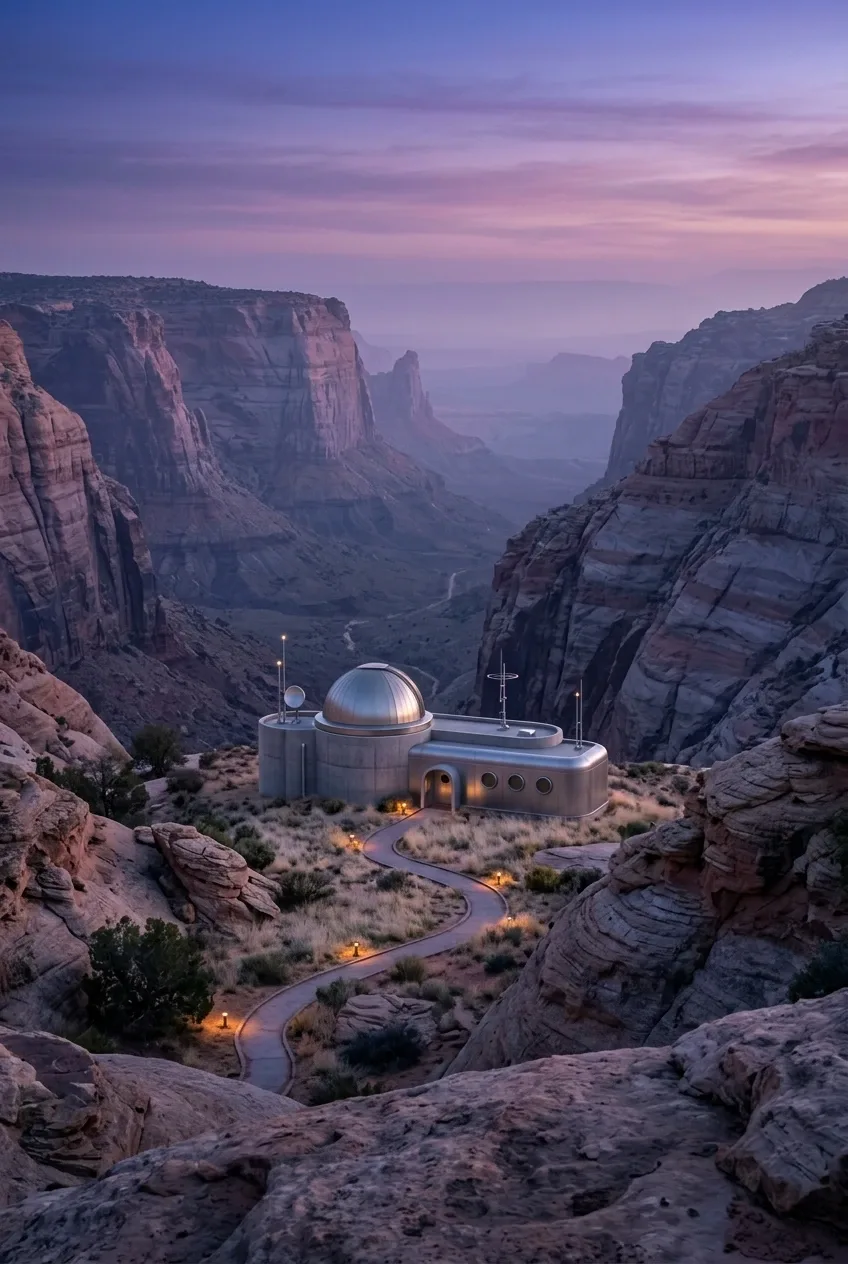 Retro-futurist observatory glowing inside a vast sandstone desert canyon beneath a violet dawn sky.