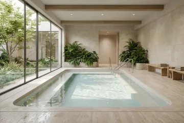 Serene indoor hydrotherapy pool with limestone walls, green plants, courtyard windows, and soft daylight in a 3D architectural visualization.