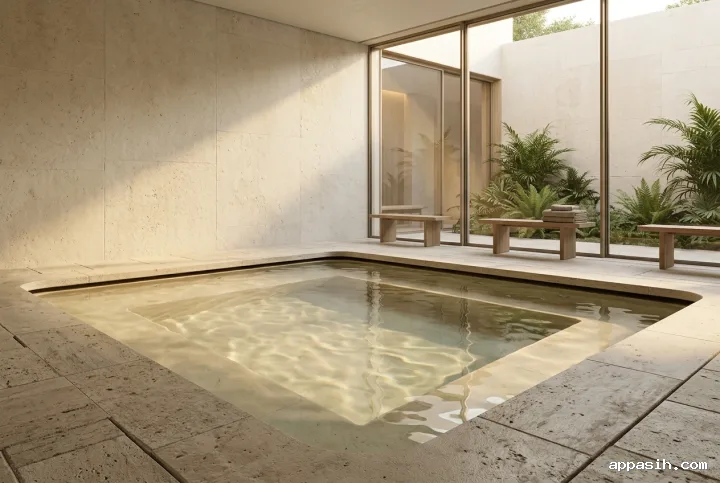 Closer 3D architectural visualization of the same serene indoor hydrotherapy pool with limestone surfaces, lush plants, courtyard glazing, and warm diffused daylight.