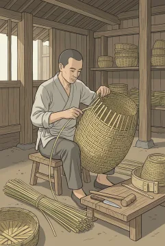 Traditional bamboo basket artisan weaving a tall rounded basket with hand tools and prepared bamboo strips inside a timber workshop, shown as a precise technical illustration.