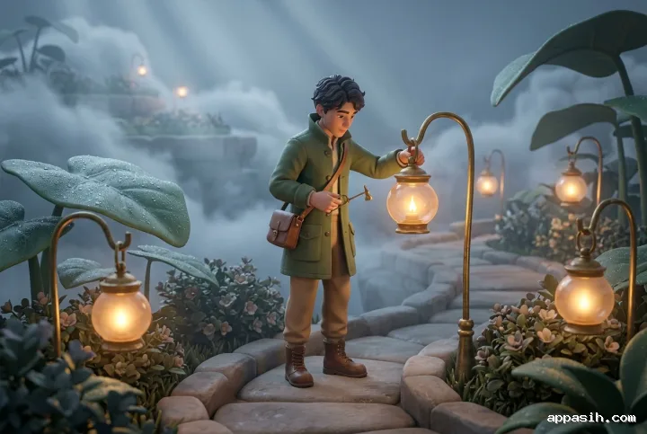 Stylized 3D lantern keeper adjusting a glowing glass lantern in the same misty floating sky garden, surrounded by sculpted foliage, stone paths, brass posts, and layered clouds.