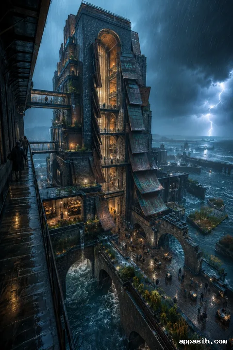 Cinematic portrait view of a monumental harbor archive tower during a storm, featuring copper rain screens, illuminated galleries, elevated bridges, flood gardens, heavy rain, and turbulent tidal water.