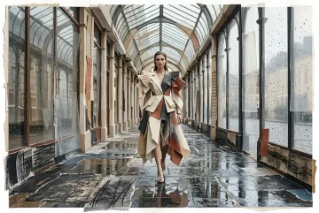 Fashion model in sculptural layered paper couture walking through a rainlit glass arcade with wet reflections, rendered in tactile collage and mixed media.