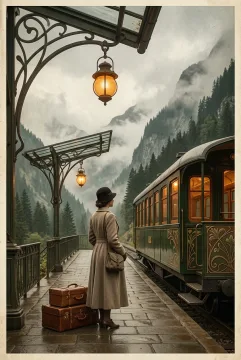 Traveler beside a vintage mountain railway carriage at a misty alpine station in Retro Art Nouveau style.