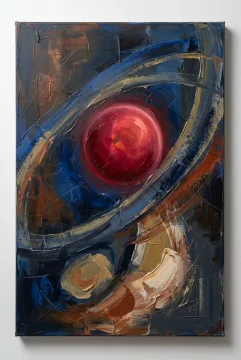 Abstract acrylic painting with a crimson orbital form surrounded by indigo and charcoal arcs, textured brushwork, and subtle ochre accents.