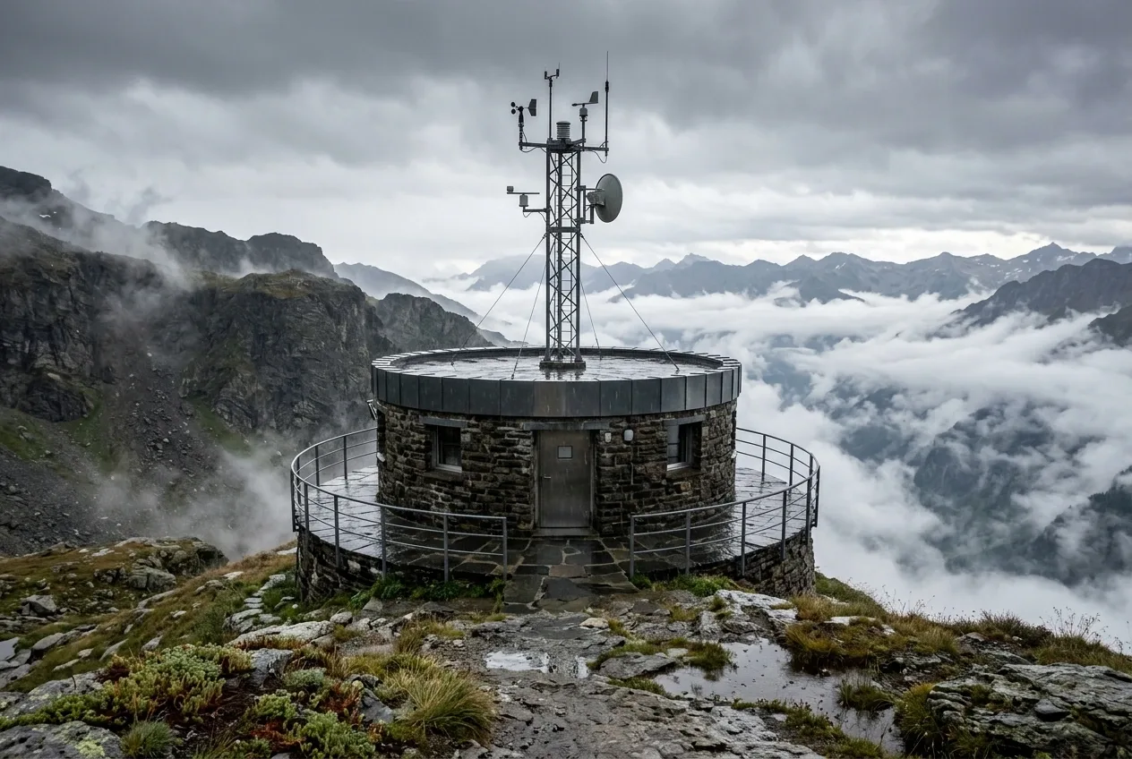 Circular mountain weather observatory overlooking a cloud-filled canyon during steady rain with wet stone surfaces and drifting mist.