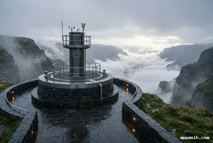 Photorealistic circular mountain weather observatory in rain above the same cloud-filled canyon, viewed from a lower three-quarter angle with wet reflective surfaces and subtle amber lights.