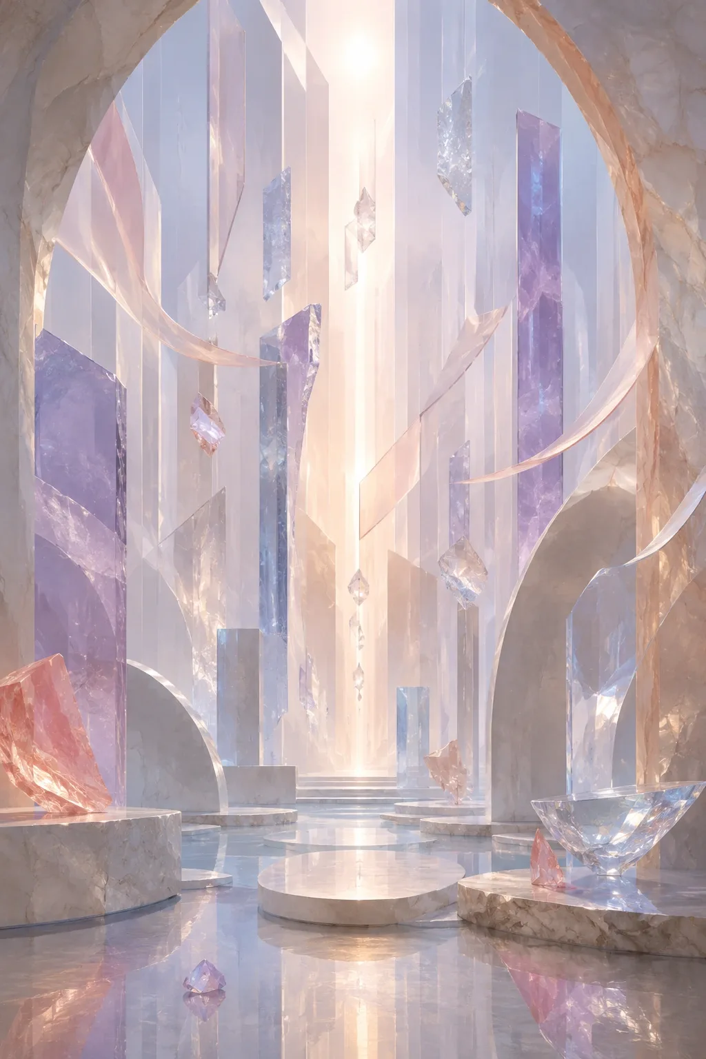 Portrait abstract atrium with translucent crystal slabs, floating ribbons, reflective fragments, and a soft central column of light.