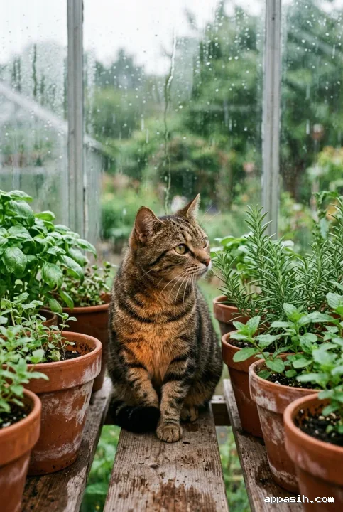 Close three-quarter portrait of a brown tabby cat beside potted herbs in a rainy greenhouse with realistic fur, wet leaves, and soft diffused daylight.