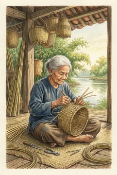 Traditional bamboo basket weaver seated in a riverside wooden workshop, weaving bamboo strips among finished baskets and hand tools in a colored pencil drawing.