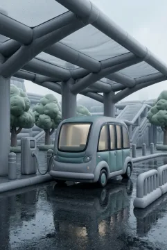 Inflatable 3D autonomous electric shuttle beneath a rainy urban transit canopy with a charging pedestal, soft sculpted street furniture, and reflective wet pavement.