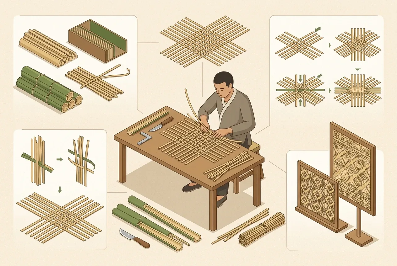 Graphic infographic illustration of an artisan creating a traditional bamboo weaving panel with bamboo strips, hand tools, woven motifs, and staged craft-process details.