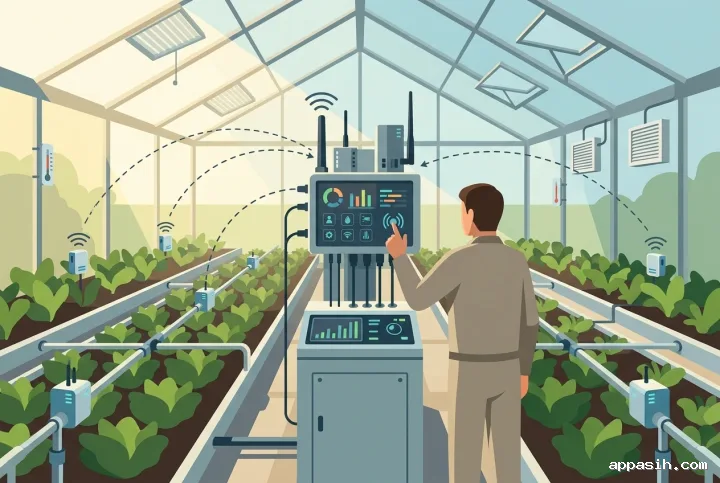 Closer flat illustration of a smart greenhouse edge computing hub linking crop sensors, irrigation, ventilation, and environmental monitoring systems.