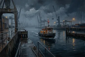 A lone passenger ferry crossing a rainy industrial harbor at night in an acrylic painting, with misty cranes, wet piers, and warm reflections on dark water.