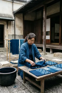 Indigo textile artisan arranging hand-dyed cloth beside a wooden worktable in a weathered heritage courtyard.