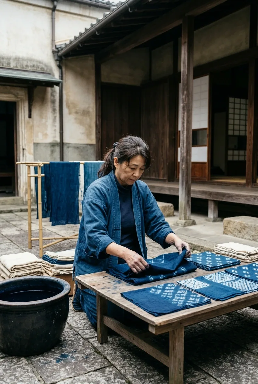 Indigo textile artisan arranging hand-dyed cloth beside a wooden worktable in a weathered heritage courtyard.