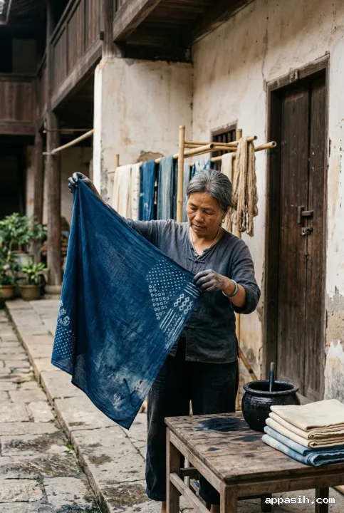 Indigo textile artisan lifting patterned hand-dyed cloth over a wooden worktable in a weathered heritage courtyard.