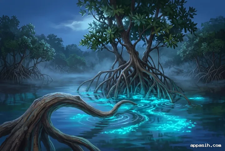 Digital painting of a bioluminescent mangrove lagoon viewed from a closer shoreline angle, with glowing plankton beneath exposed roots, drifting mist, and an indigo blue-hour sky.