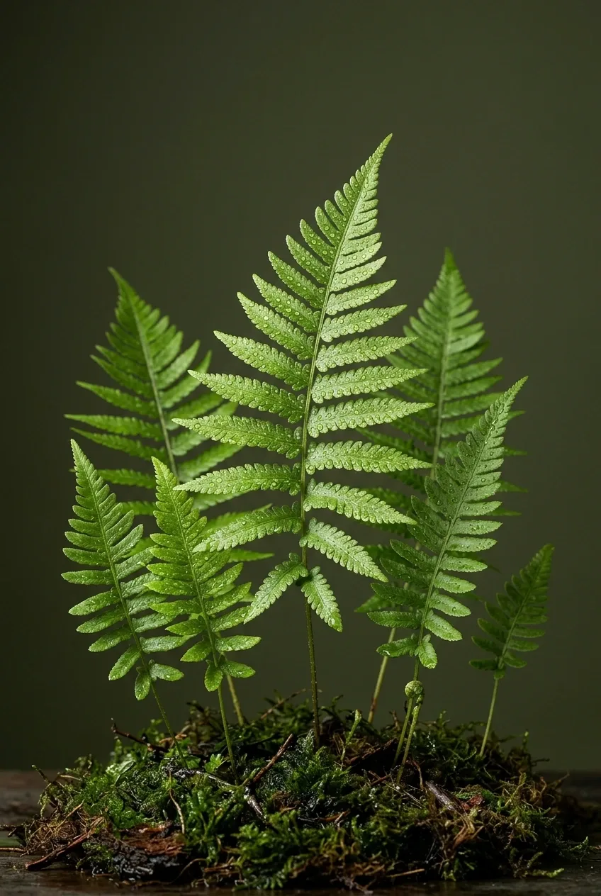 Fresh green fern fronds covered with water droplets photographed vertically in a softly lit botanical studio setting.