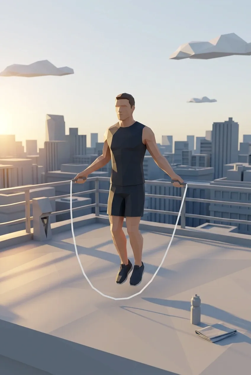 Low Poly 3D jump rope athlete training on a city rooftop at dawn with faceted buildings and long geometric shadows.