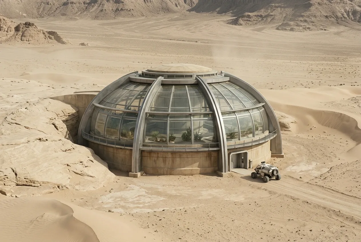 Futuristic desert seed vault observatory with a circular glass greenhouse chamber surrounded by dunes and rocky ridges.