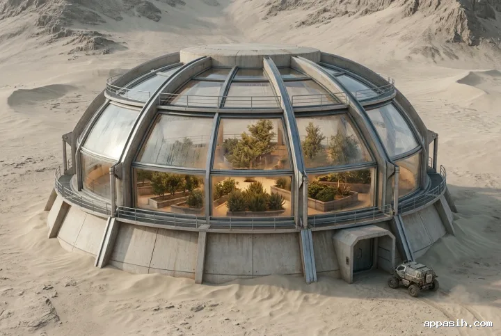 Closer three-quarter view of a futuristic desert seed vault observatory with a circular greenhouse, drought-resistant plants, and a utility rover beside the entrance.