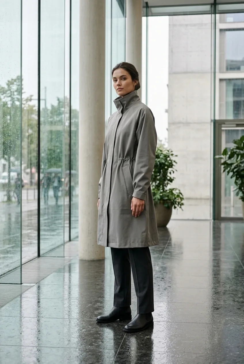 Fashion model wearing a stone-gray tailored raincoat in a misty glass atrium with rain-streaked windows and reflective stone flooring.
