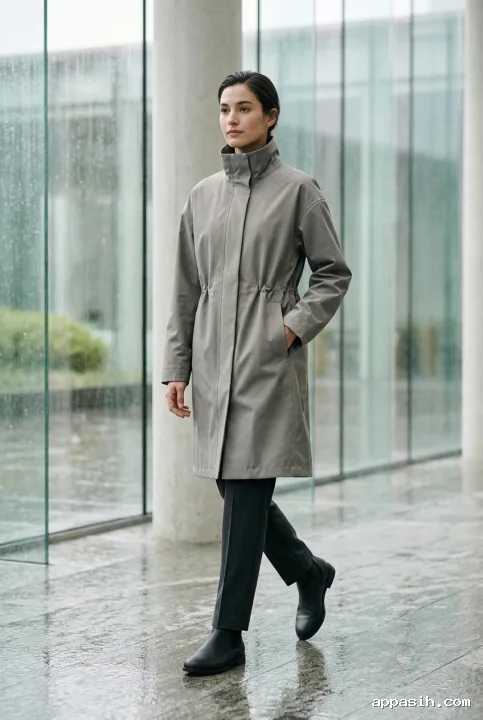 Fashion model in the same stone-gray tailored raincoat walking through a misty glass atrium with soft rainy daylight and polished floor reflections.