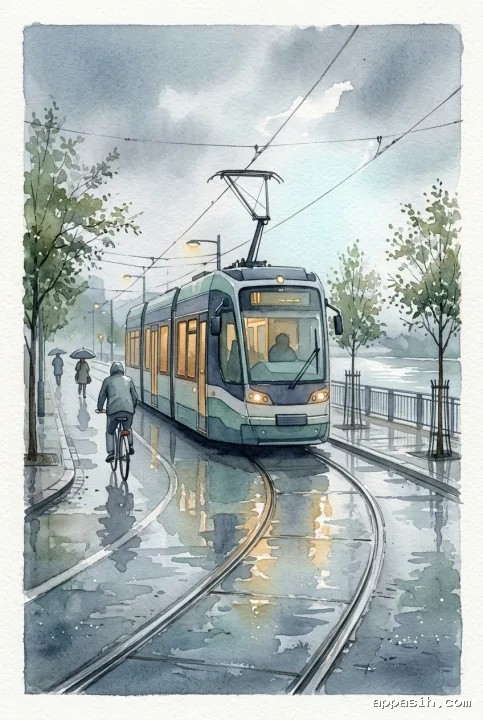 Detailed watercolor painting of a modern electric tram passing a riverside bicycle lane on wet tracks with umbrellas, trees, puddle reflections, and soft rainy light.