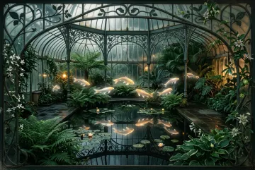Luminous floating koi above a moonlit glasshouse reflecting pool surrounded by Art Nouveau ironwork, ferns, vines, and decorative botanical forms.