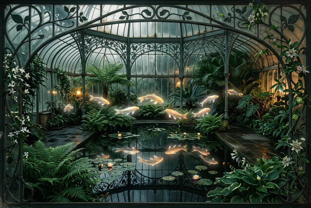 Luminous floating koi above a moonlit glasshouse reflecting pool surrounded by Art Nouveau ironwork, ferns, vines, and decorative botanical forms.
