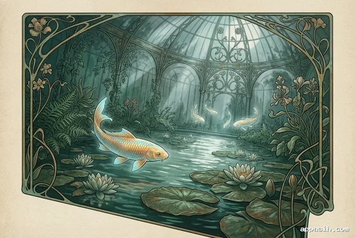 Closer view of luminous floating koi drifting through a moonlit Art Nouveau glasshouse above a reflecting pool with ferns, vines, aged glass, and curved botanical ironwork.