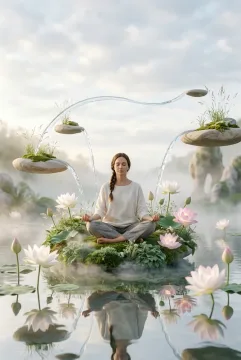 Surreal woman meditating in a floating garden surrounded by luminous lotus flowers, hovering stones, mist, and flowing water.