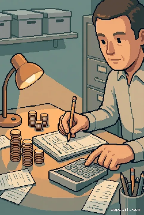 Detailed retro pixel art of a small business owner checking a ledger and calculator beside organized coin stacks in a compact office.