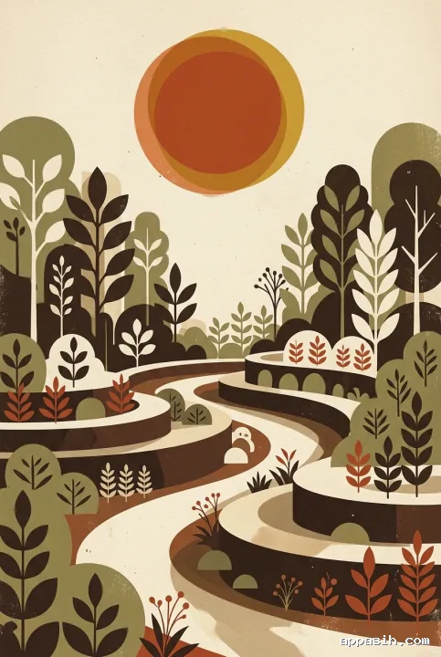 Retro illustration of a floating geometric sun over layered abstract garden terraces with botanical forms and a prominent curved pathway.