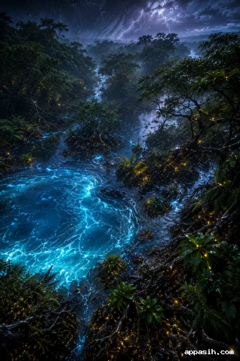 Dramatic high-angle view of a storm-covered mangrove sanctuary with golden fireflies, electric-blue bioluminescent waterways, wind-driven rain, and distant violet lightning.