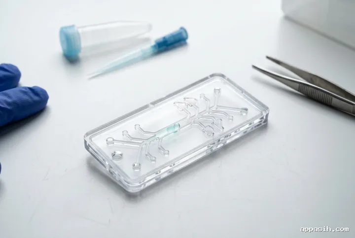 Close studio photograph of a transparent microfluidic diagnostic cartridge with visible channels, pale cyan test fluid, sterile sample tube, pipette tip, glove, and forceps in a clinical laboratory setting.
