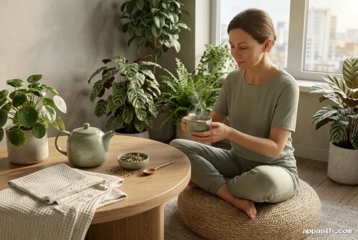 Detailed 3D render of an adult lowering a ceramic tea cup during a mindful morning ritual in a serene wellness nook with a low table, herbal tea set, plants, cushions, and warm sunlight.