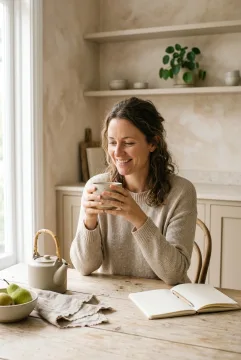 Woman enjoying a morning tea ritual with a ceramic teapot and blank notebook in a sunlit studio kitchen.