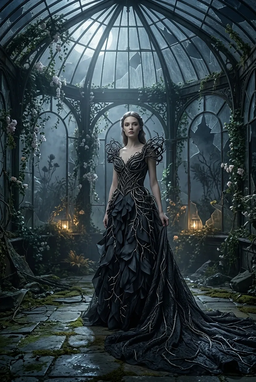Fashion model wearing a dark thornweave fantasy gown inside a ruined moonlit glass conservatory with vines and broken arches.