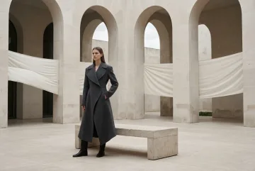 Fashion model in a sculptural charcoal tailored coat standing in a surreal pale stone courtyard with large ivory fabric panels floating between arches.
