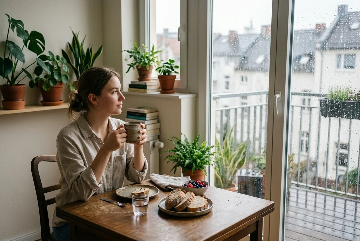 Young adult having breakfast at a wooden table beside a rain-covered apartment balcony with indoor plants and soft natural morning light.