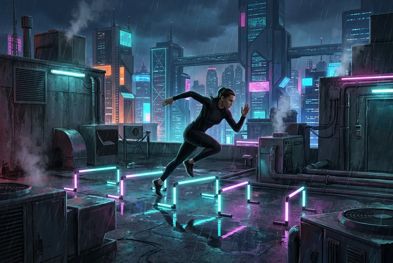 Cyberpunk sprinter training with glowing agility hurdles on a rainy futuristic rooftop above a neon city.