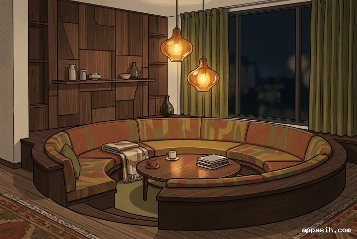 Detailed retro illustration of the same sunken conversation lounge with curved patterned seating, a walnut table, ceramic cups, amber pendant lamps, and warm geometric interior details.