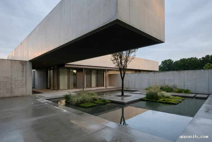 Minimalist graphic view of a cantilevered concrete courtyard house and reflective rain garden beneath soft late-afternoon overcast light.