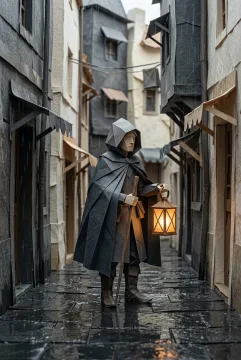 Origami lantern keeper in a charcoal folded-paper cloak carrying a warm geometric lantern through a rainy handmade paper alley.