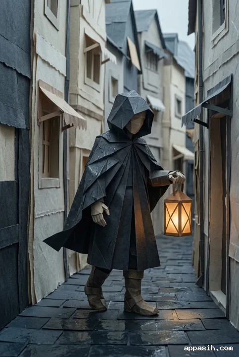Closer three-quarter view of the origami lantern keeper walking through the same rainy paper alley with warm amber light reflecting across folded-paper paving stones.